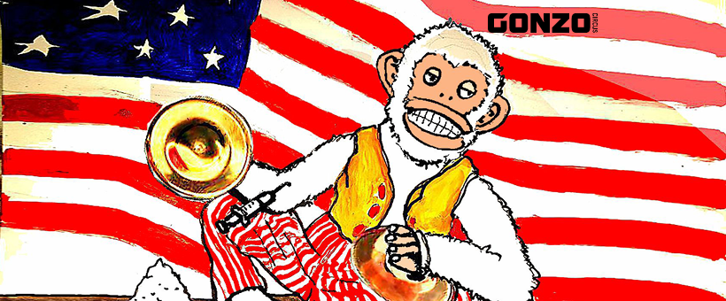 Tekening van een aap voor Amerikaanse vlag. Hij heeft cymbalen vast en een spuit in zijn arm